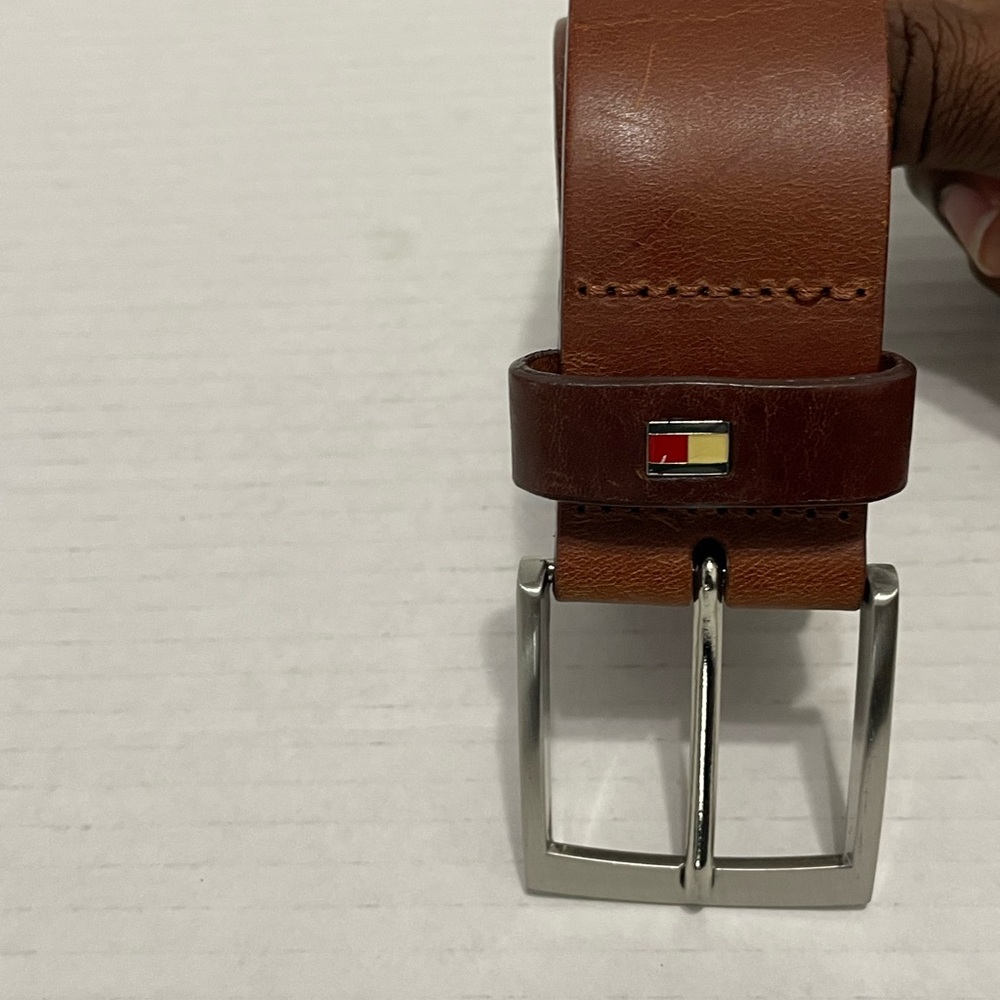 Tommy Hilfiger new denton 3.5cm leather belt in dark tan Size: 32